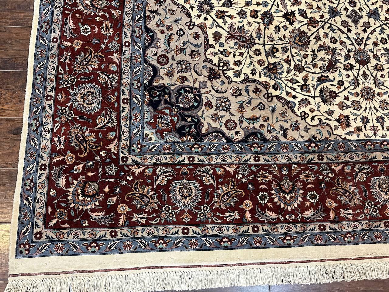 Sino Persian Rug 9x12, Vintage Wool Oriental Carpet, Floral Medallion, Wool Rug, Cream and Maroon