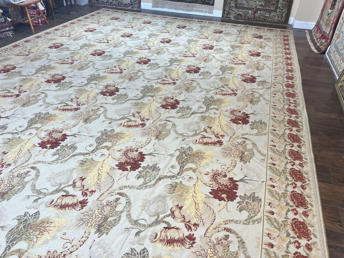 Extra Large Needlepoint Rug 14 x 20, Vintage Handwoven Handmade Wool Flatweave Carpet, Allover Floral Pattern, Elegant European Deisgn Rug