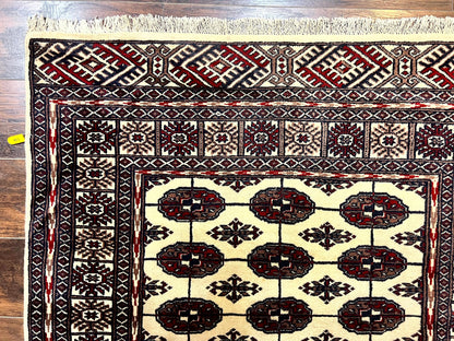 Pakistani Bokhara Rug 4x6 Vintage Handmade Wool Carpet Ivory Turkoman Style