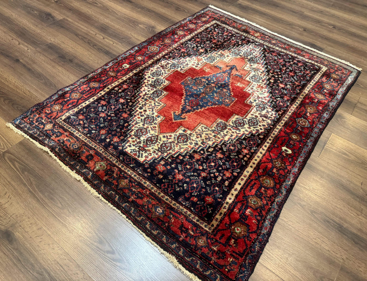 Senneh Rug Antique Persian Kurdish 4x5 Wool Geometric Medallion Carpet