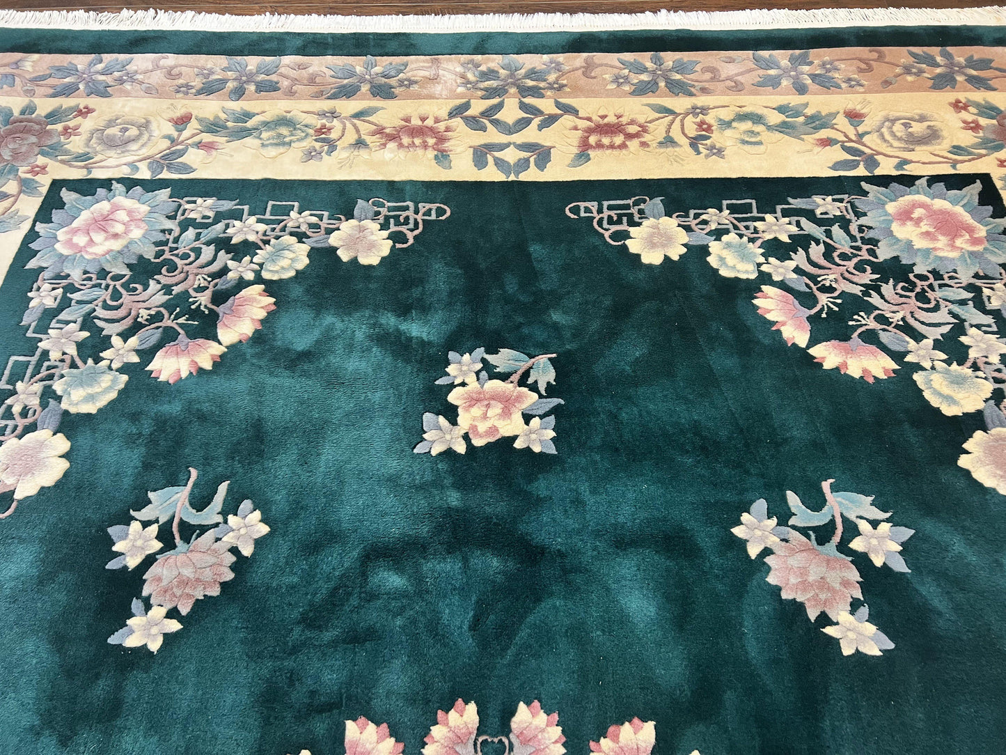 Chinese Art Deco Wool Hand Knotted Rug 9x12 Vintage Carpet Dark Green Cream