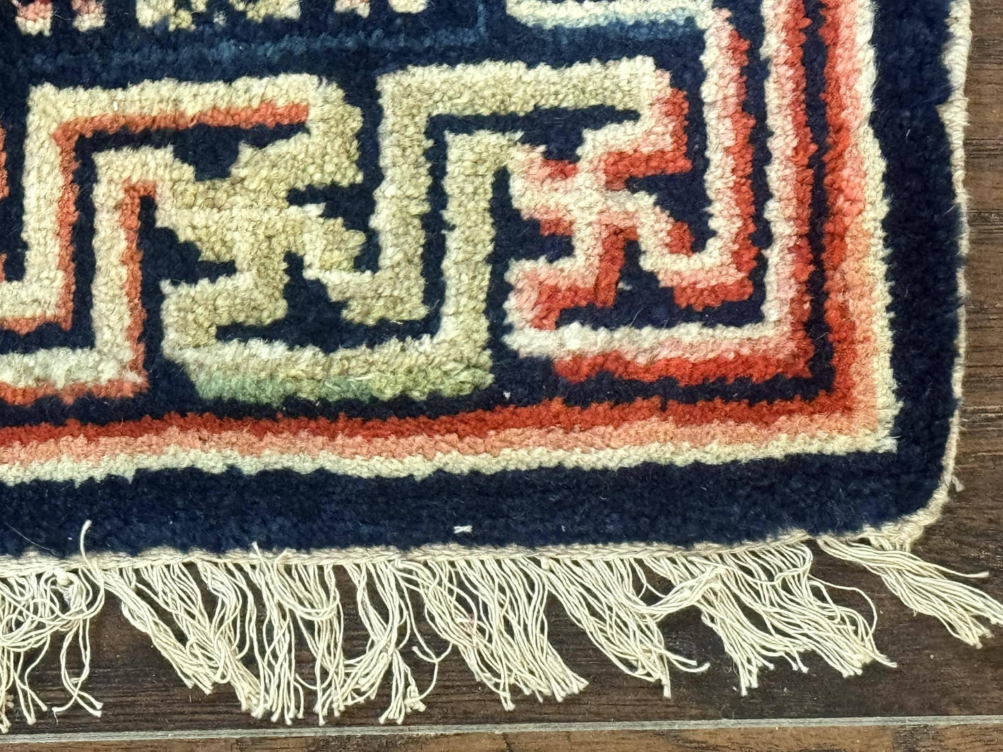 Small Antique Chinese Rug 2x2, Red Blue Square Rug Mat, Handmade, Tibetan Rug