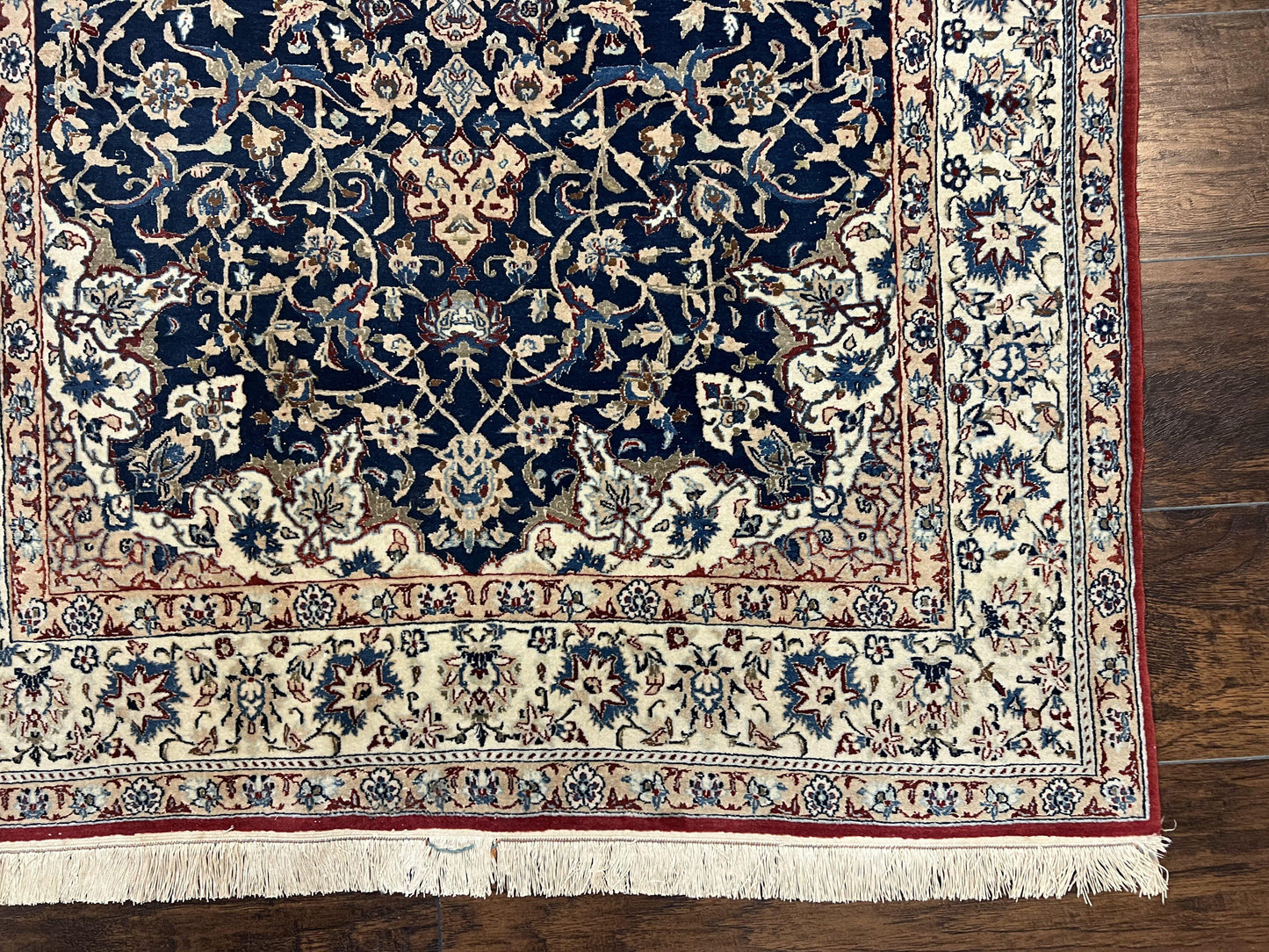 Persian Nain Rug Super Fine Hand Knotted Wool Silk Accents Navy Blue Ivory 3.6 X 5.4