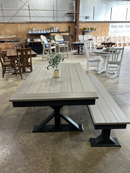 Outdoor Poly Dining Table And Bench Set With Trestle X Leg Design