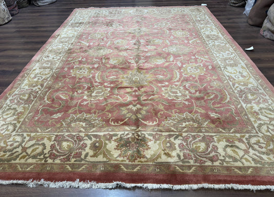 Indian Rug 8x11, Coral and Beige, Floral, Traditional Vintage Wool Carpet