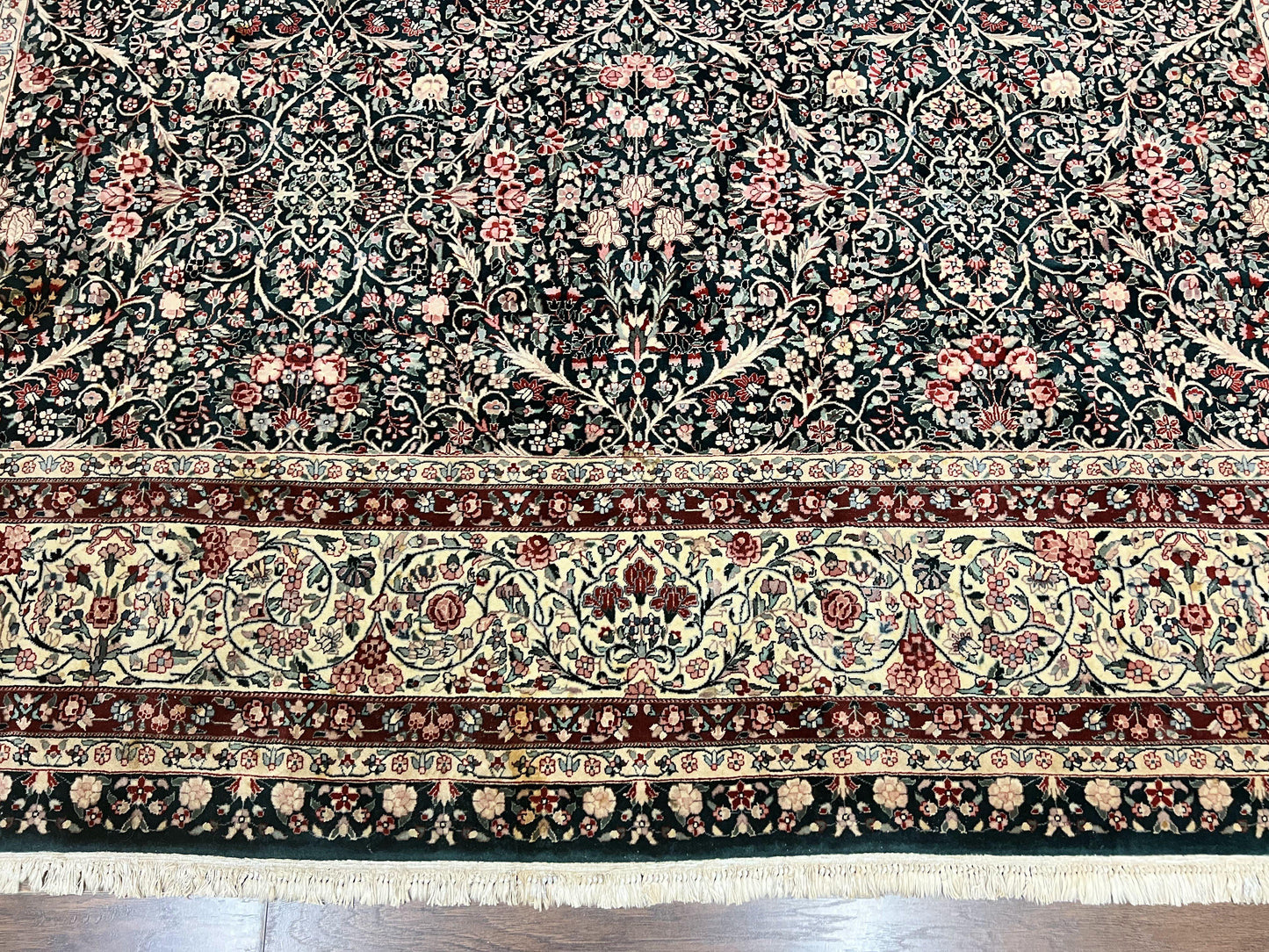 Premium Sino Persian Rug 10x14 Wool Hand Knotted Kirman Floral Dark Green Beige
