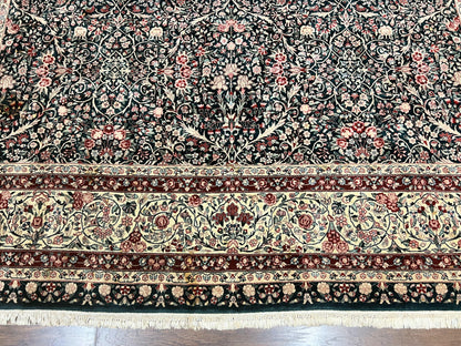 Premium Sino Persian Rug 10x14 Wool Hand Knotted Kirman Floral Dark Green Beige