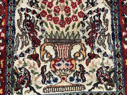 Small Indo Persian Rug 2x3 ft, Wool with Silk Highlights, Animal Pictorial Motifs Birds Vase Flowers, Cream and Maroon, Hand Knotted Fine