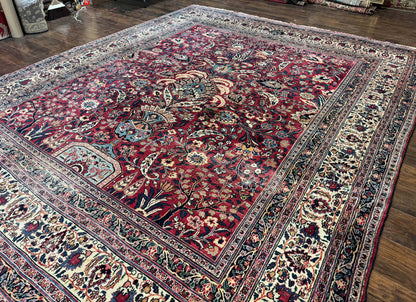 Antique Persian Mashad Rug 10x12 Hand Knotted Signed By Master Weaver Red Ivory Wool