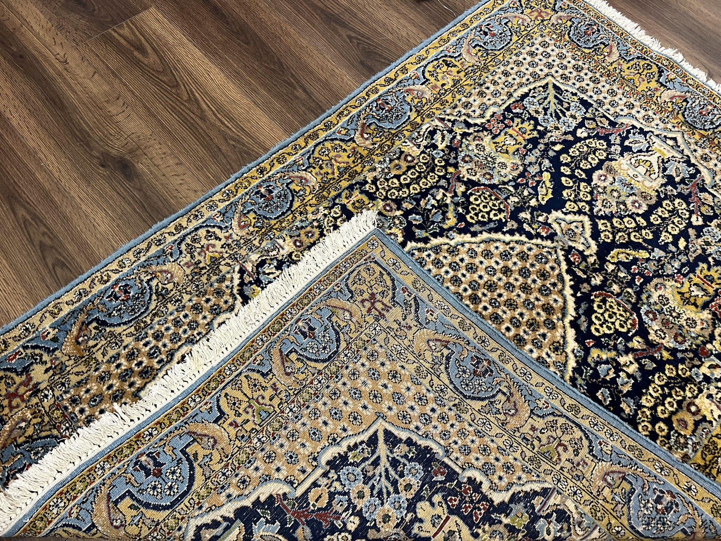 Fine Persian Qum Rug 3x5, Semi Antique Vintage Oriental Ghom Carpet, Floral Medallion, Highly Detailed, Hand Knotted, Navy Blue, Wool Area Rug, Birds