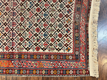 Antique Caucasian Shirvan Rug 4x5 Hand Knotted Wool Oriental Carpet Ivory Red Allover Pattern