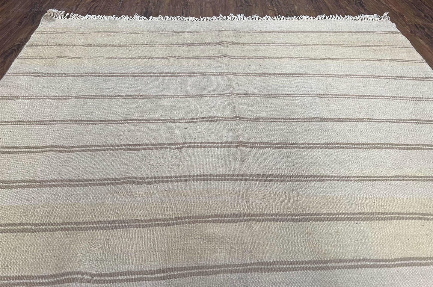 New Turkish Kilim Rug 5x8 Flatweave Wool Carpet Hand Woven Bohemian Contemporary Striped Gray Taupe