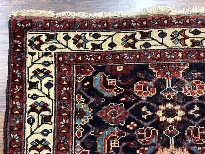 Antique Persian Rug Hamadan 3x6 Navy Blue Ivory Handmade Wool Carpet