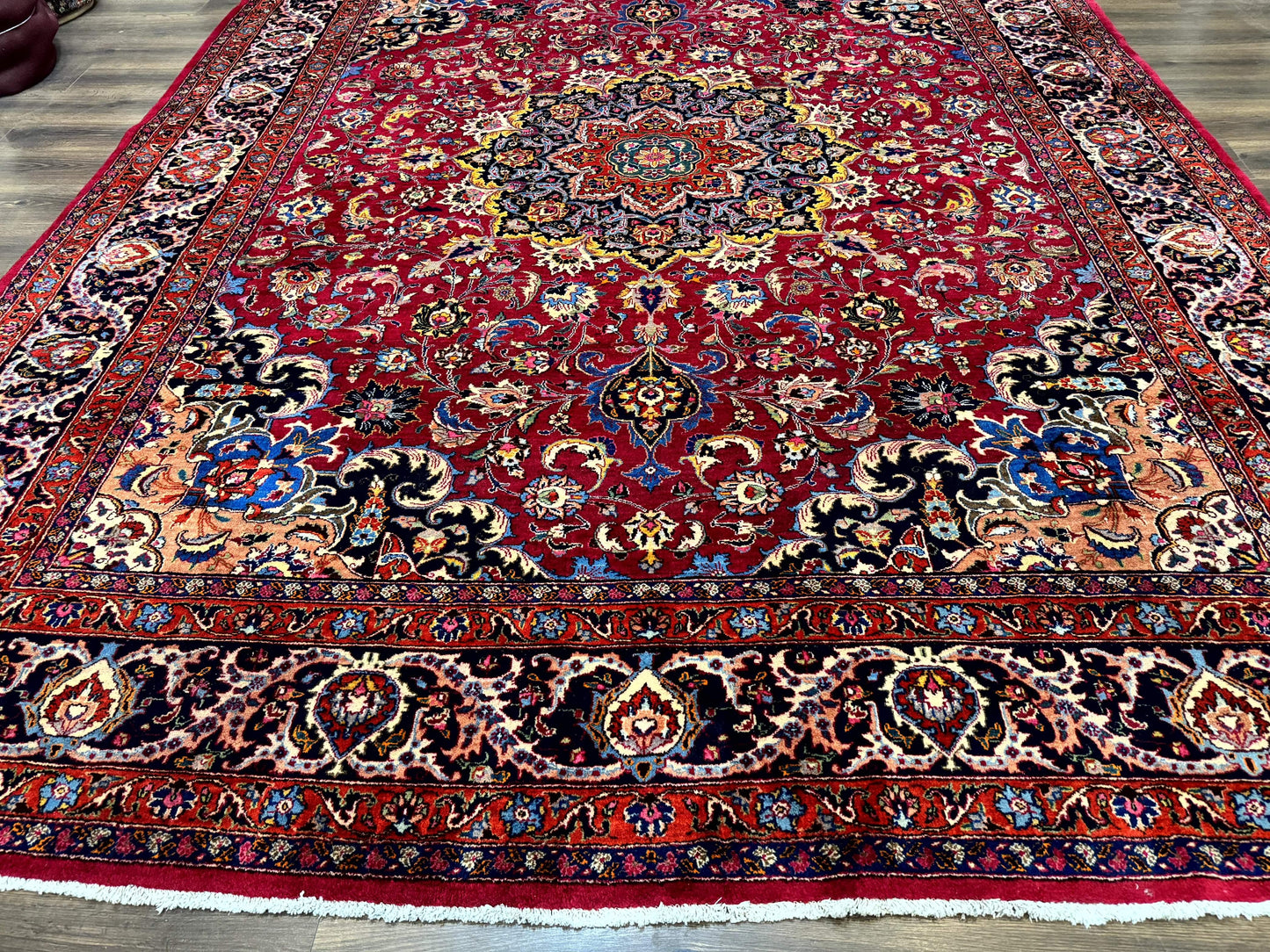 Red Persian Mashad Rug 10x13 - Floral Medallion Signed By Masterweaver