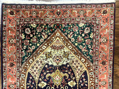 Persian Tabriz Rug 3x4, Navy Blue, Birds, Floral, Prayer Rug, Handmade Wool Rug, Finely Hand Knotted 325 KPSI
