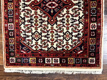 Indo Persian Bidjar Runner Rug 2.8 x 10, Vintage Rug for Hallway, 10ft Runner, Wool Handmade Ivory and Red, Medallions