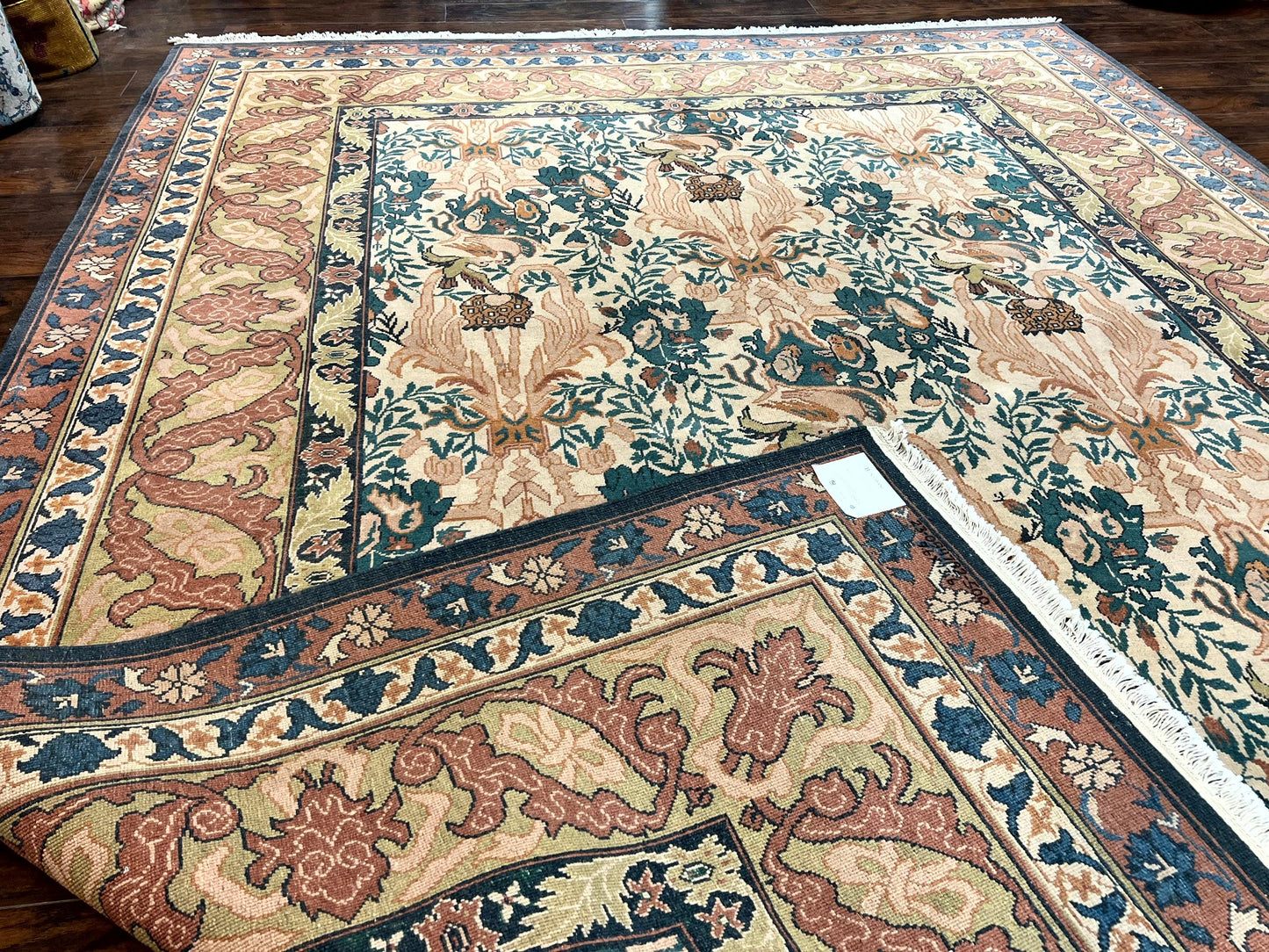 Handmade Vintage Wool Rug 10x13 Floral Birds Beige Couristan