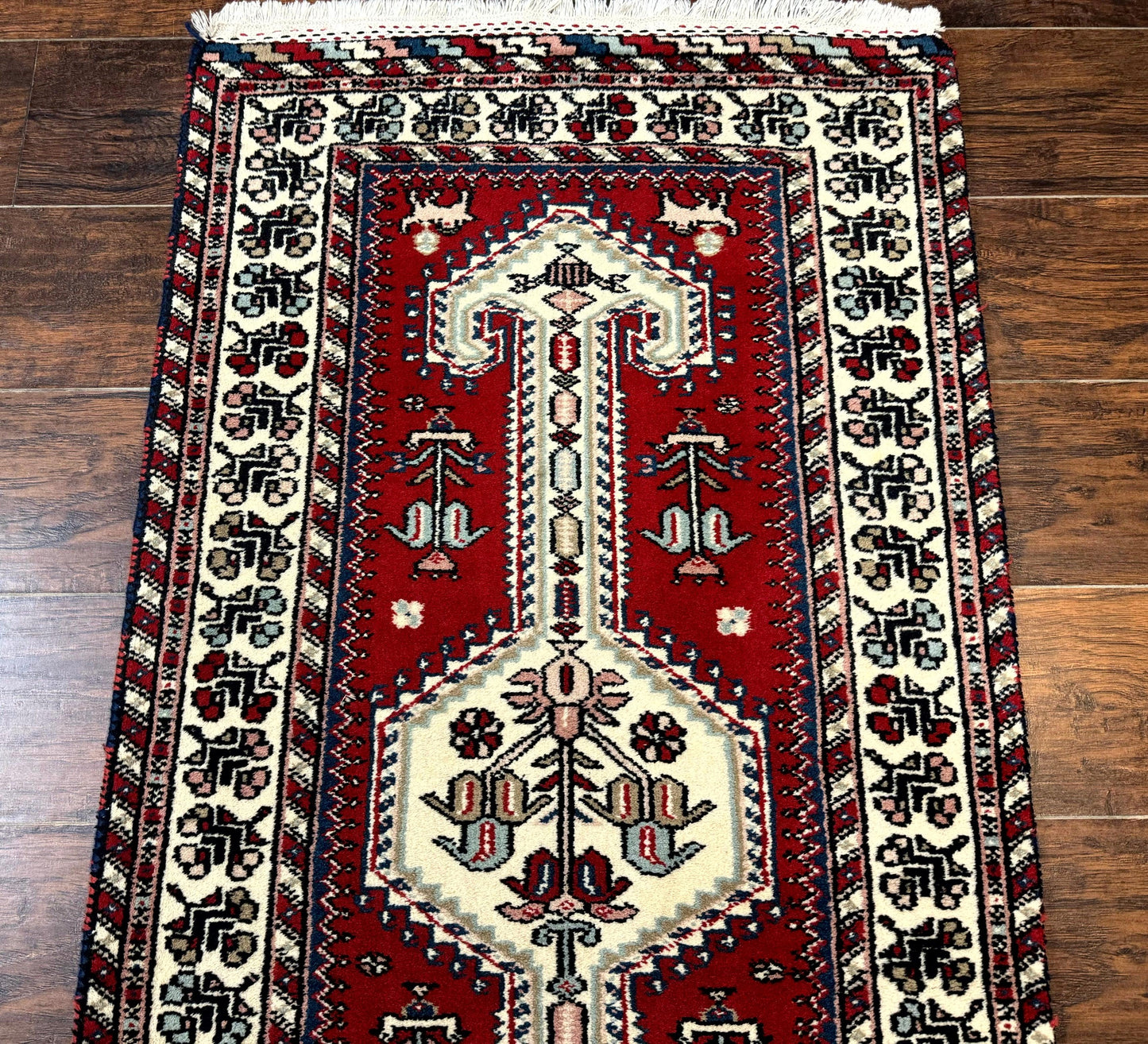 Indo Persian Runner Rug 2.6 x 12, Heriz Geometric Caucasian Design, Animal Pictorials, Tribal Runner Rug, Vintage Handmade Wool Red