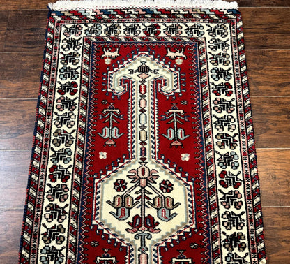 Indo Persian Runner Rug 2.6 x 12, Heriz Geometric Caucasian Design, Animal Pictorials, Tribal Runner Rug, Vintage Handmade Wool Red