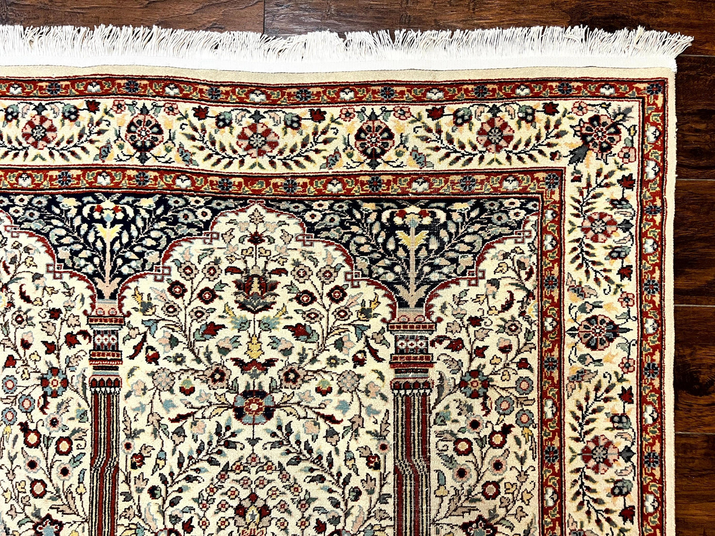 Persian Prayer Rug 4x6 Tree of Life Hand Knotted Wool Beige Vintage