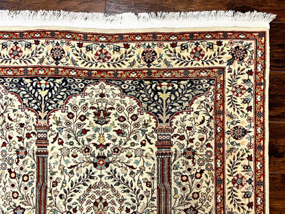 Persian Prayer Rug 4x6 Tree of Life Hand Knotted Wool Beige Vintage