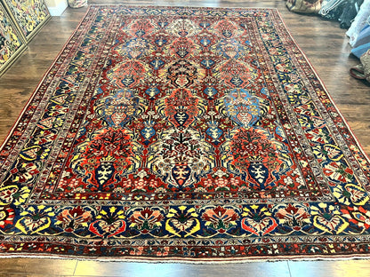 Large Persian Bakhtiari Rug 10x14, Rare Perisan Tribal Rug, Red Blue Ivory Multicolor, Hand Knotted, Semi Antique Carpet