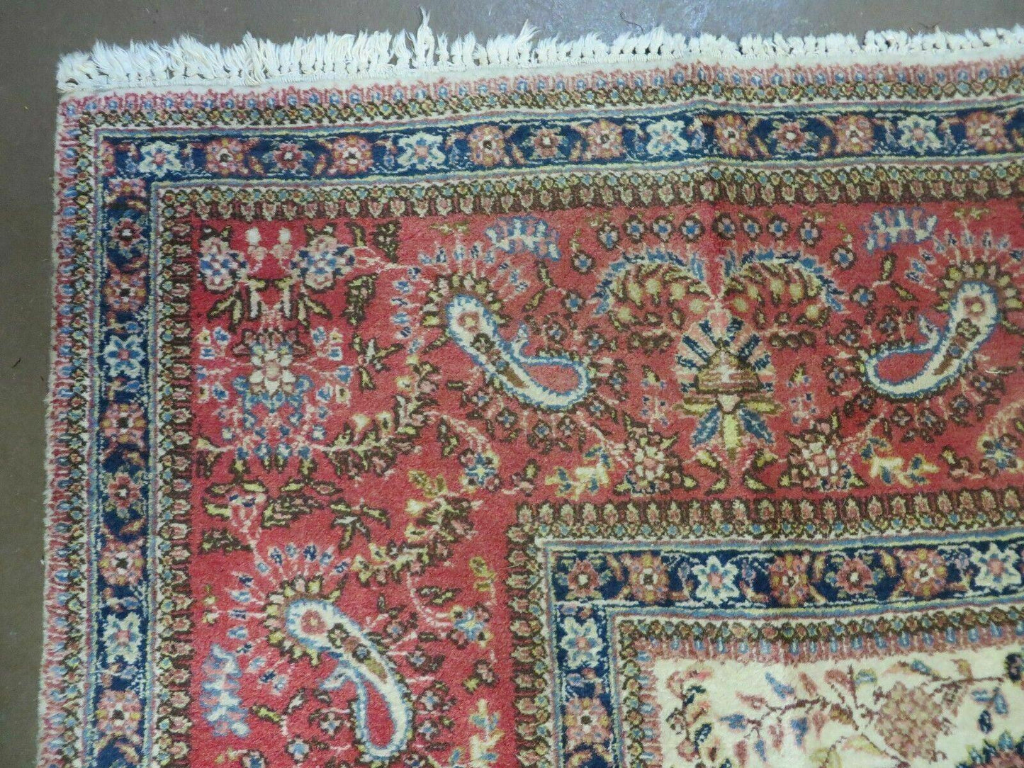 Persian Tabriz Rug 8x10, Antique Authentic Wool Oriental Carpet 8 x 10 ft, Bird Motifs Floral Boteh Paisleys, Cream Red Blue Vintage Handmade Rug