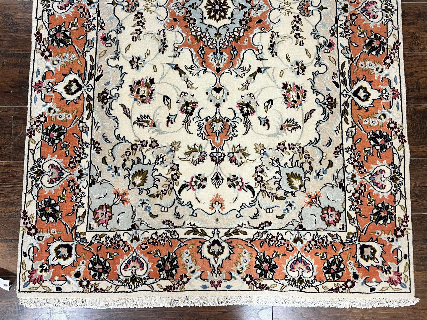 Persian Tabriz Rug 4.5  x 6.8, Finely Hand Knotted Wool with Silk Highlights Vintage Oriental Carpet, Cream and Salmon, High KPSI, Floral Medallion