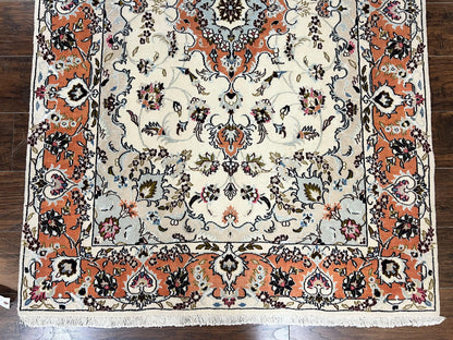 Persian Tabriz Rug 4.5  x 6.8, Finely Hand Knotted Wool with Silk Highlights Vintage Oriental Carpet, Cream and Salmon, High KPSI, Floral Medallion