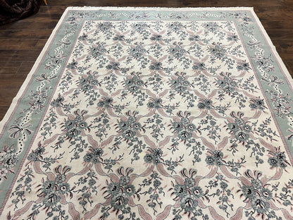 Power Loomed Wool Rug 8x11 Ivory Green Floral Belgium Crafted
