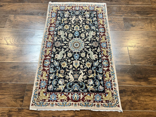Persian Isfahan Rug Handcrafted Two Point Four By Four Vintage Navy Floral Deer Wool Carpet