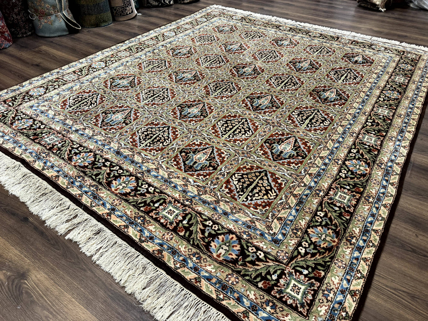 Sino Persian Wool Rug 8x10 Hand Knotted Panel Design Cedar Trees Brown Multicolor