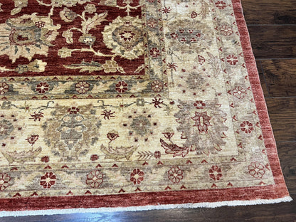 Pak Persian Rug 10x14, Sultanabad Mahal Peshawar Chobi Carpet, Large Vintage Wool Oriental Rug, Maroon & Beige, Floral Allover, Handmade