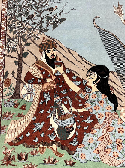 Indo Persian Pictorial Rug 4x7 Hand Knotted Wool Semi Antique Handmade Bird Pictorial Rug