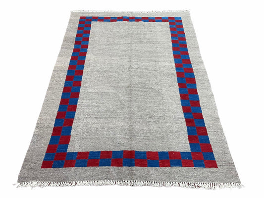 Gray Turkish Kilim Carpet 5' 7" x 7' 7", Medium Kilim Rug, Hand-Knotted, Blue & Red Border, Minimalistic Design, Geometric, Wool, New