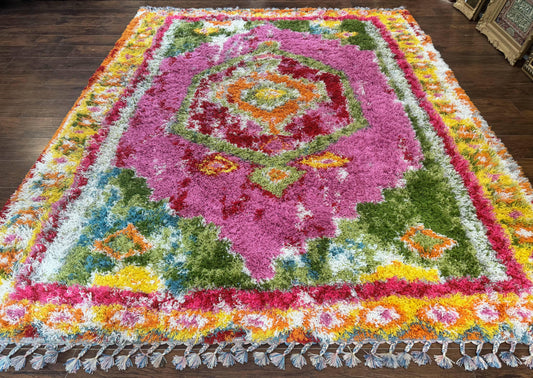 Colorful Shag Rug 8x10 Wool Area Rug In Fuchsia And Multicolor Vintage Power Loomed