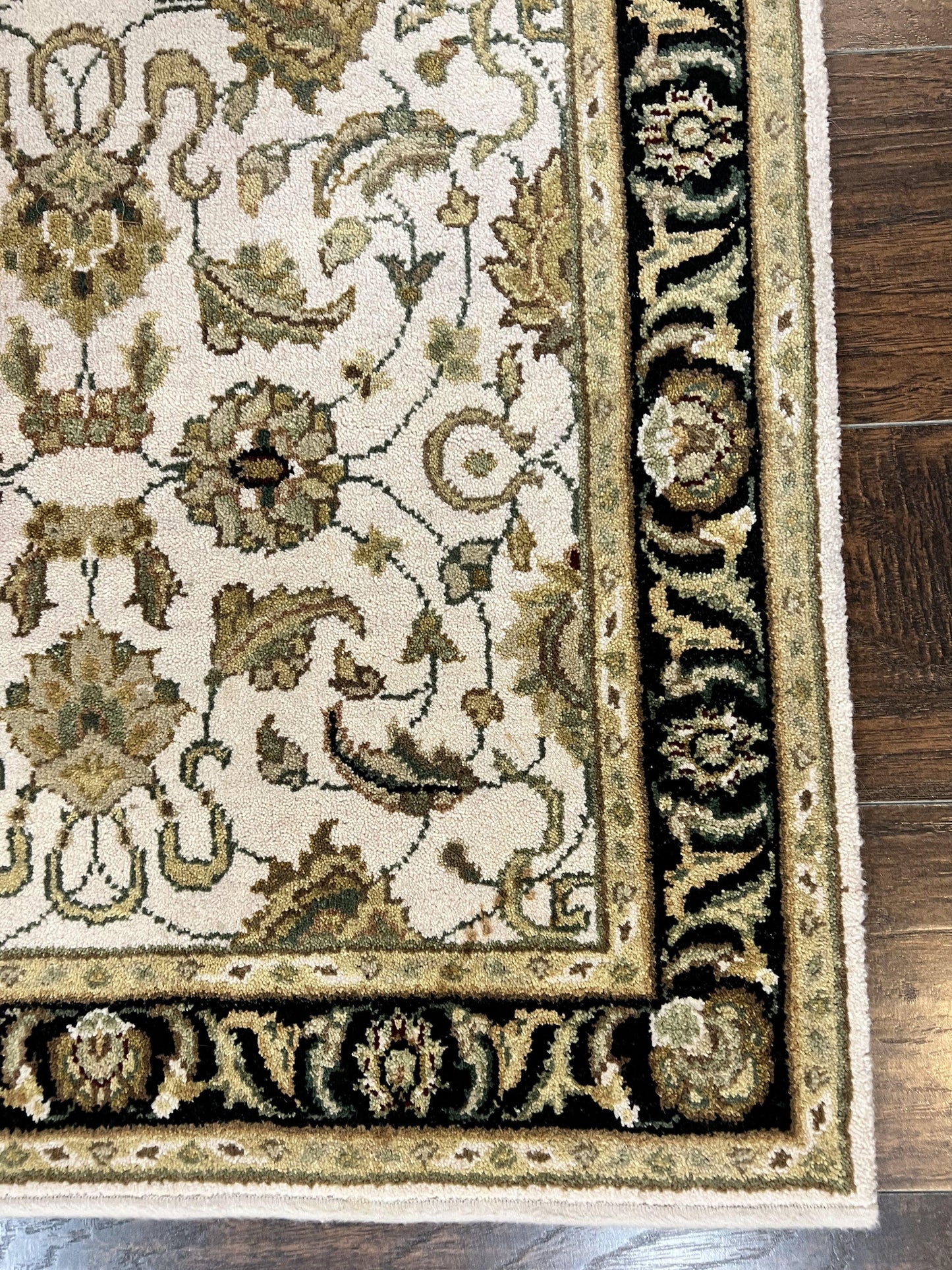 Small Indo Mahal Rug Hand Knotted Wool Vintage Oriental Carpet Beige Tan Black