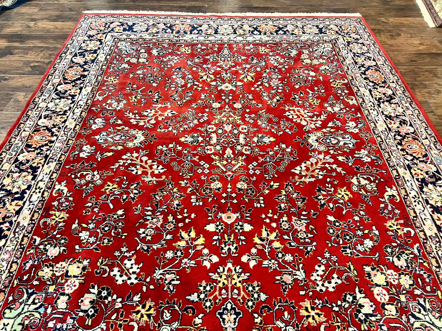 Indo Persian Sarouk Rug 8x10, Red, Floral Allover, Handmade Vintage Wool Carpet, Traditional Rug