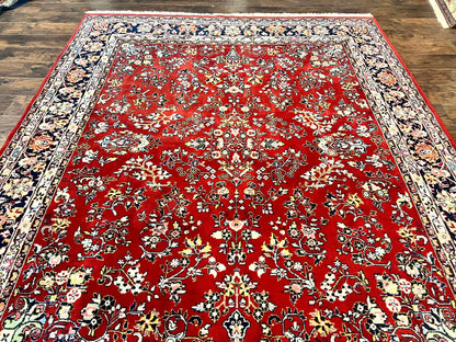 Indo Persian Sarouk Rug 8x10, Red, Floral Allover, Handmade Vintage Wool Carpet, Traditional Rug