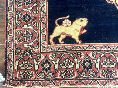 Antique Persian Mashad Rug 4x6, Semi Open Field, Navy Blue, Lion Pictorials, Triple Medallion, Dorokhsh Rug