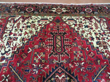 Persian Heriz Rug Hand Knotted Wool Red Ivory Dark Blue 8 Foot 6 Inch By 11 Foot Geometric Medallion Semi Antique