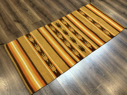 South American Rug Blanket 2.7 x 5.6, Wool, Handmade, Navajo Design, Orange Brown