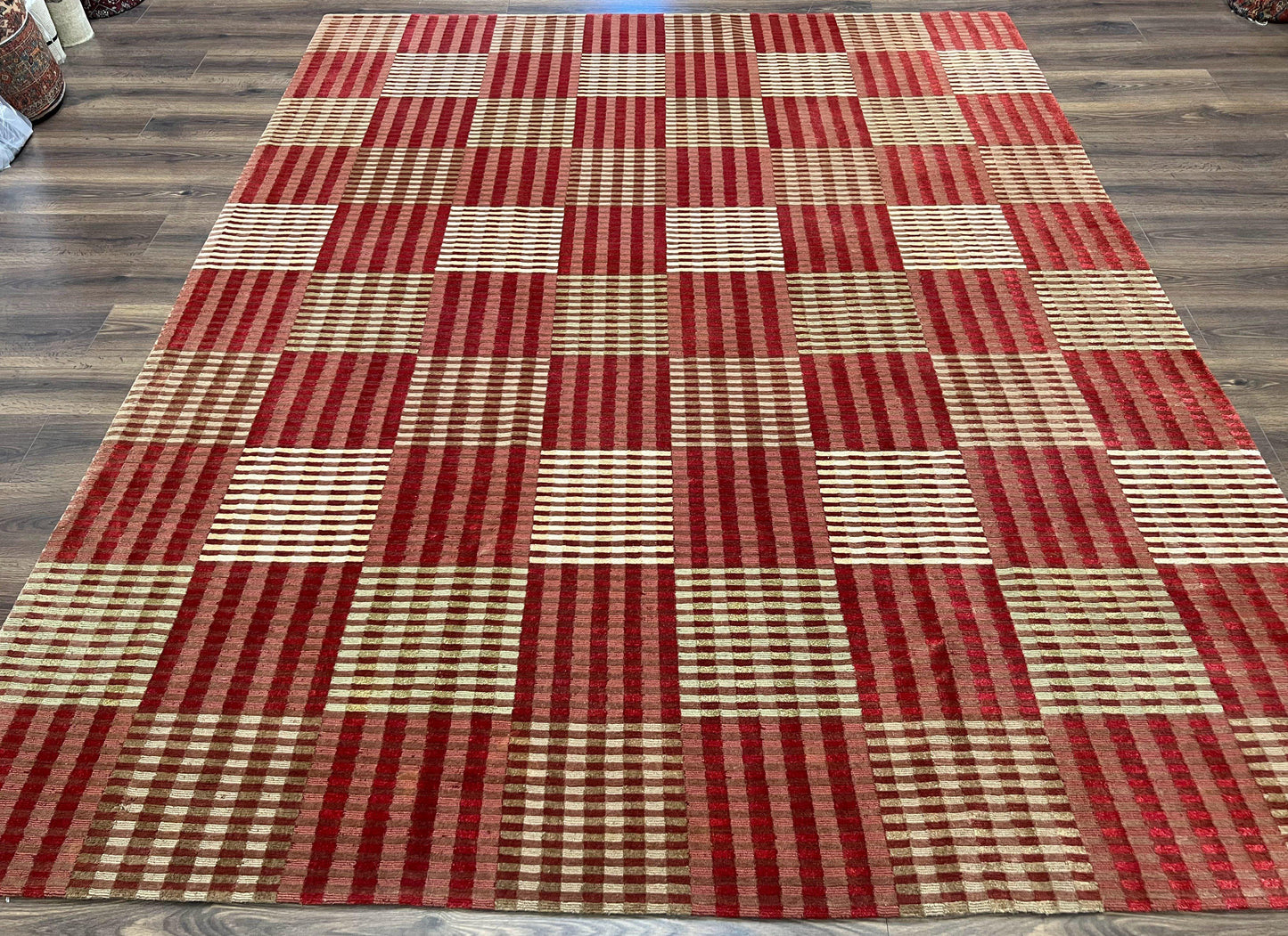 Modern Tibetan Rug 8x10, Hand Knotted Contemporary Nepali Carpet 8 x 10, Checkerboard Design, Red Cream Light Brown, Very Fine Wool & Silk