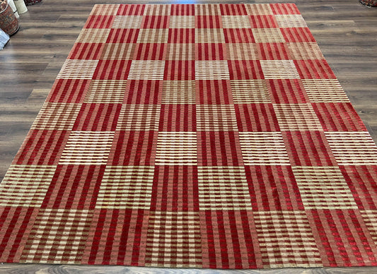 Modern Tibetan Rug 8x10, Hand Knotted Contemporary Nepali Carpet 8 x 10, Checkerboard Design, Red Cream Light Brown, Very Fine Wool & Silk