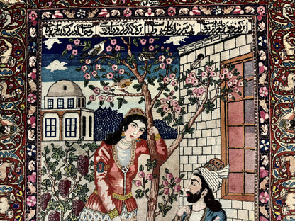 Wonderful Persian Kashan Pictorial Rug 4.7 x 6.5, Persian Rug for Wall Hanging, Handmade Antique Wool Carpet Animal Motifs Poetry Lovers, 240 KPSI