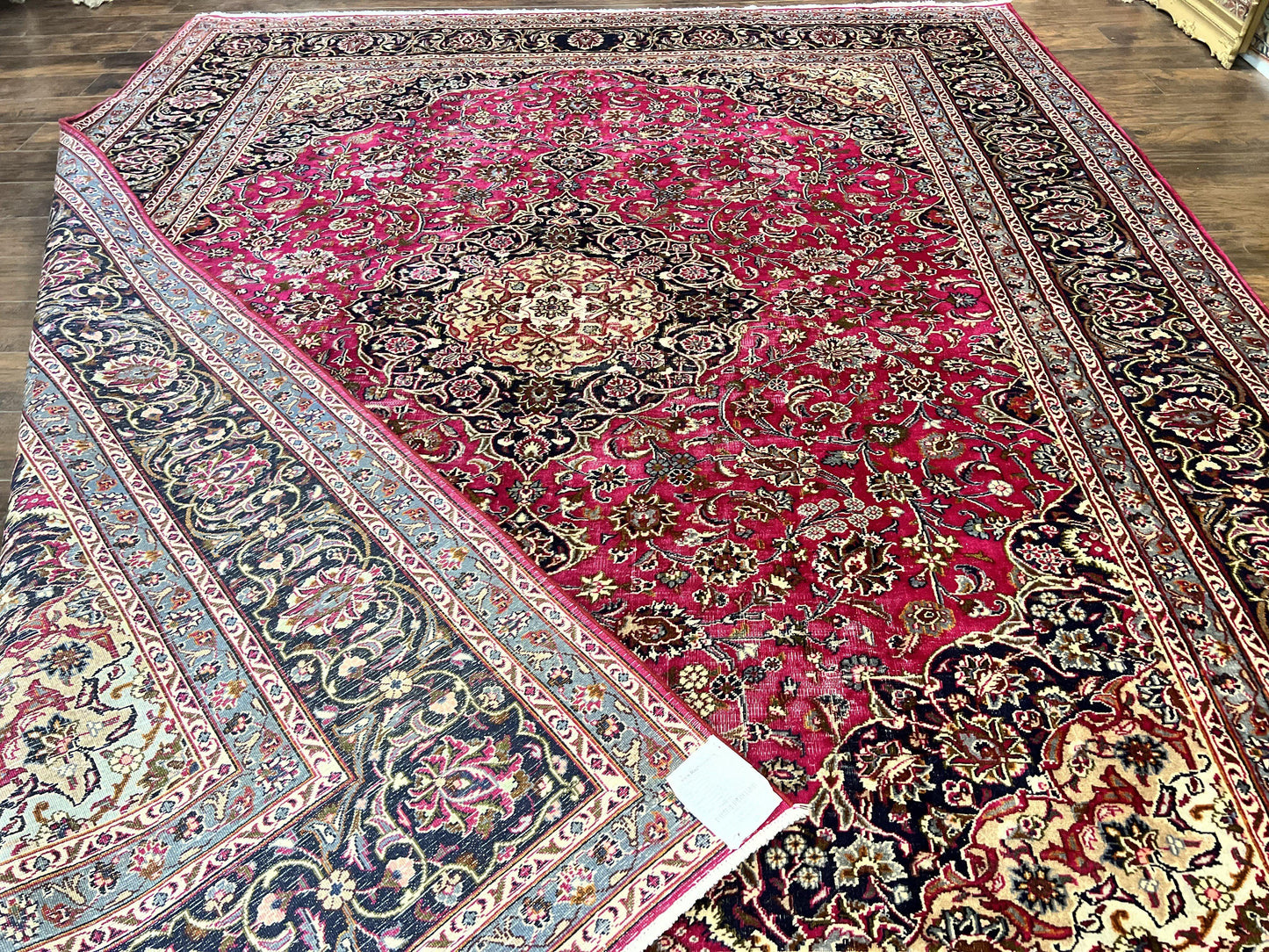 Persian Rug 10x13 Hand Knotted Wool Kashmar Carpet With Floral Medallion In Raspberry Red And Navy Blue