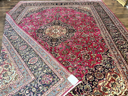 Persian Rug 10x13 Hand Knotted Wool Kashmar Carpet With Floral Medallion In Raspberry Red And Navy Blue