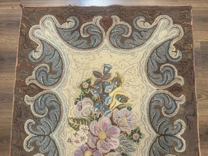 Antique American Hooked Wool Rug Floral Vintage Area Rug Handmade