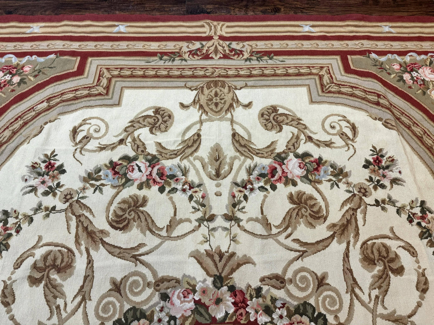 Elegant Aubusson Needlepoint Rug 9x11 Handmade Wool Flatweave Floral Cream
