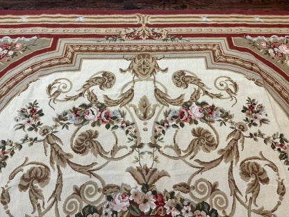 Elegant Aubusson Needlepoint Rug 9x11 Handmade Wool Flatweave Floral Cream